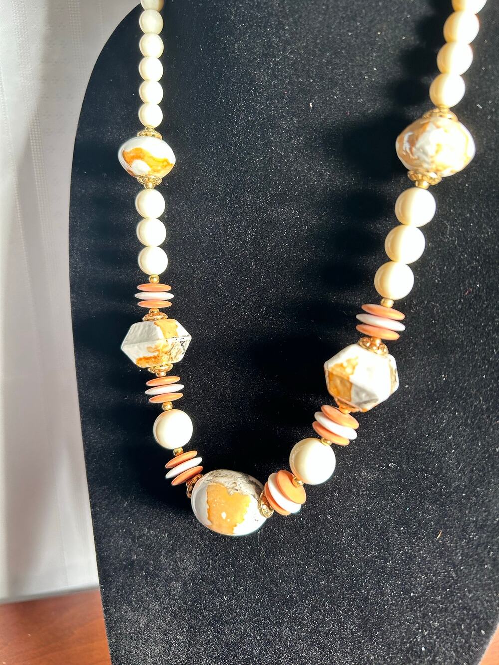 Chunky Cream & Marbled Tan Beaded Statement Necklace Peach Accents 26"